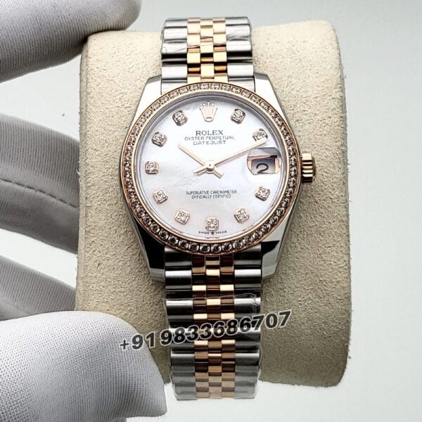 Rolex Datejust Oystersteel and Everose Gold White Mother-of-Pearl Dial 31mm Exact 11 Top Quality Super Clone Replica Swiss ETA 2236 Automatic Movement Watch