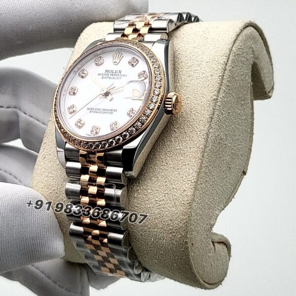 Rolex Datejust Oystersteel and Everose Gold White Mother-of-Pearl Dial 31mm Exact 11 Top Quality Super Clone Replica Swiss ETA 2236 Automatic Movement Watch