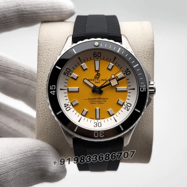 BreitlingSuperocean42YellowDialBlackRubberStrapSuperHighQualitySwissAutomaticWatch_1