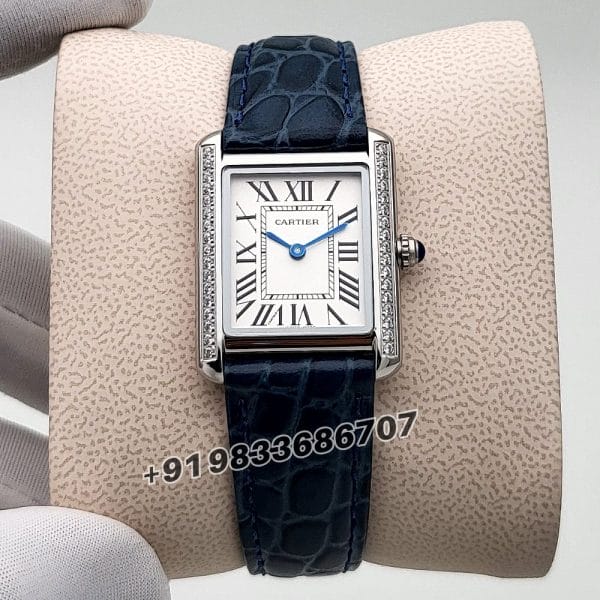 Cartier Tank Louis Diamonds Set Bezel White Dial Blue Strap High Quality First Copy Women’s Watch (1)