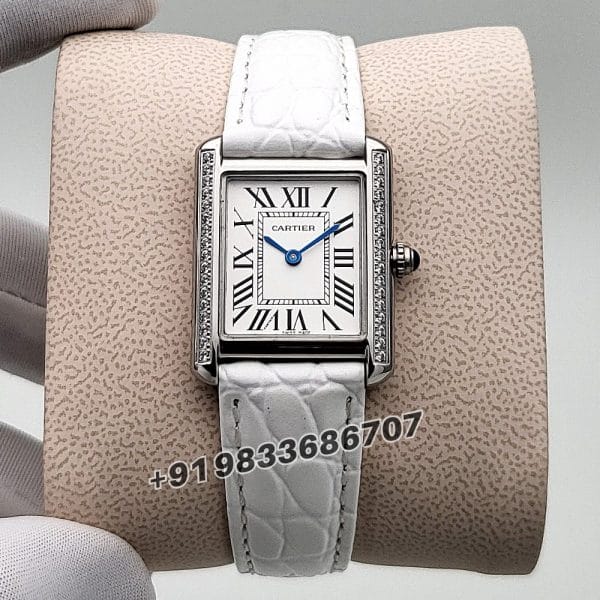 Cartier Tank Louis Diamonds Set Bezel White Strap High Quality First Copy Women’s Watch (1)