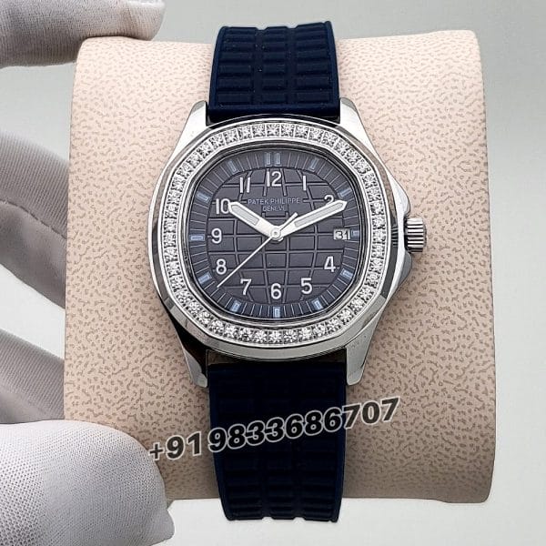Patek Philippe Aquanaut Steel Blue Dial Diamonds Marking Bezel Rubber Strap High Quality Women’s Watch (1)