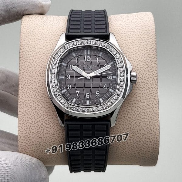 Patek Philippe Aquanaut Steel Grey Dial Diamonds Marking Bezel Rubber Strap High Quality Women’s Watch (1)