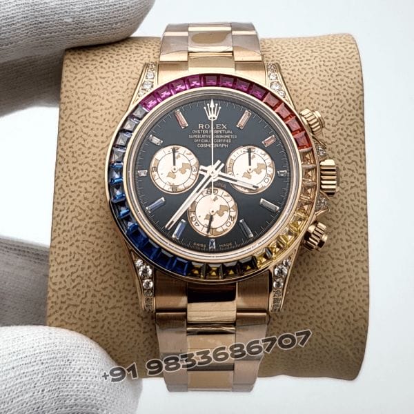 RolexCosmographDaytonaRainbowEveroseGoldBlackDial40mmExact11TopQualitySuperCloneReplicaSwissETA4130Automat_1