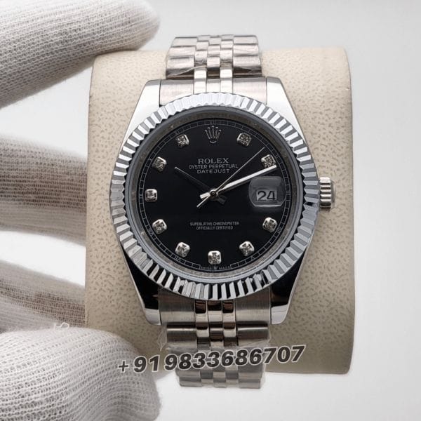 RolexDatejustDiamondSetBrightBlackDial41mmJubileeBraceletSuperHighQualitySwissAutomaticFirstCopyWatch_1