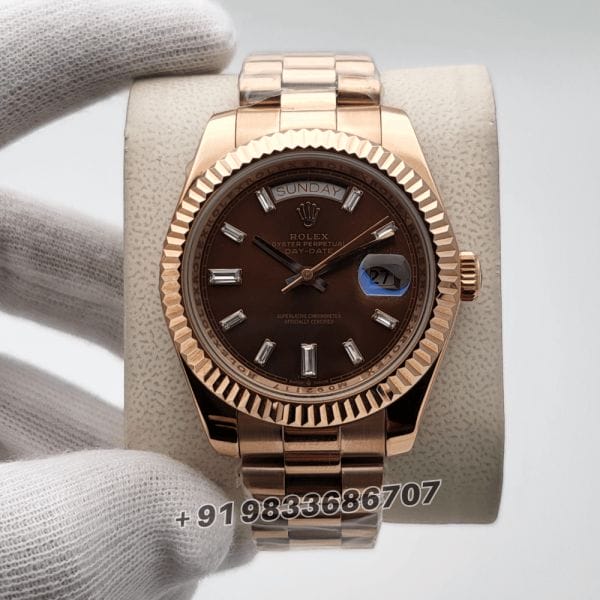 RolexDay-DateRoseGoldDiamondsSetChocolateDial40mmSuperHighQualitySwissAutomaticFirstCopyWatch_1