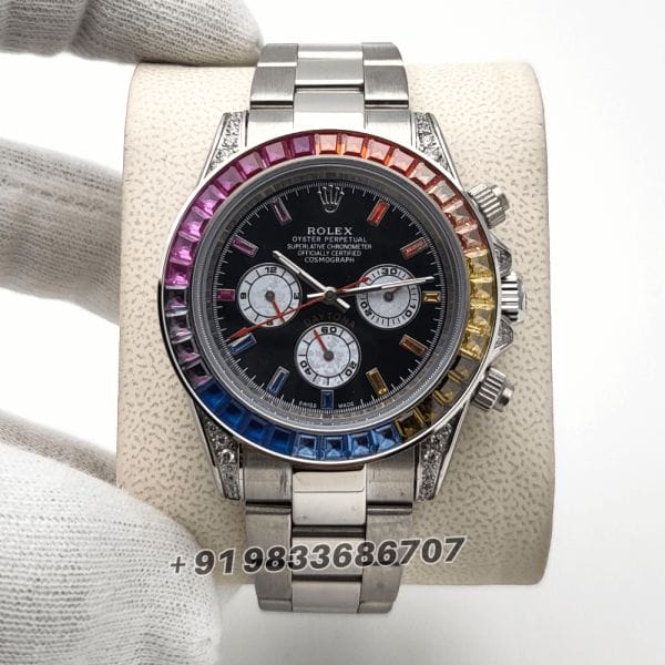 RolexDaytonaRainbowFullSilverDiamondBezelBlackDialSuperHighQualitySwissAutomaticWatch_1