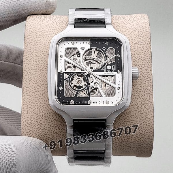 True Square White and Black Open Heart Diamonds High Quality Swiss Automatic Movement Watch (4)
